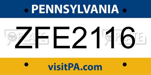 ZFE2116 Pennsylvania License Plate