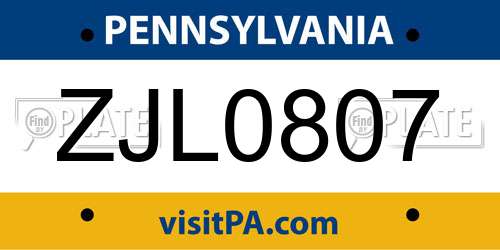 ZJL0807 Pennsylvania License Plate