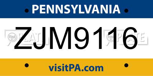 ZJM9116 Pennsylvania License Plate