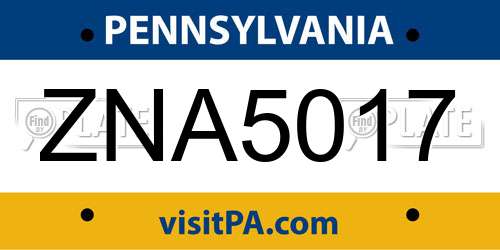 ZNA5017 Pennsylvania License Plate