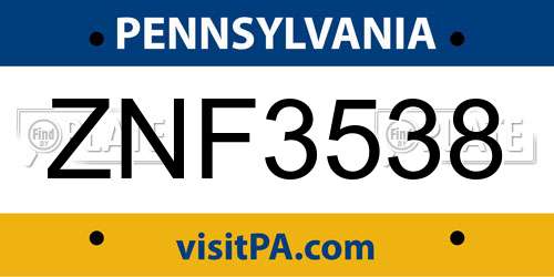 ZNF3538 Pennsylvania License Plate