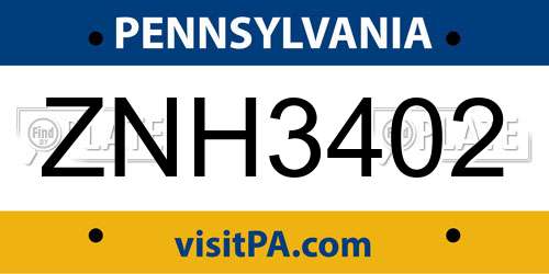 ZNH3402 Pennsylvania License Plate