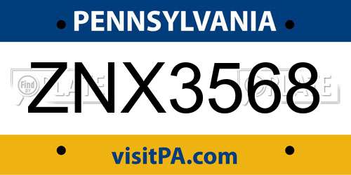 ZNX3568 Pennsylvania License Plate
