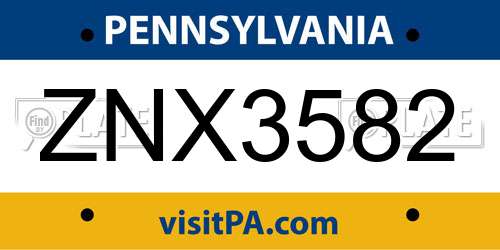 ZNX3582 Pennsylvania License Plate