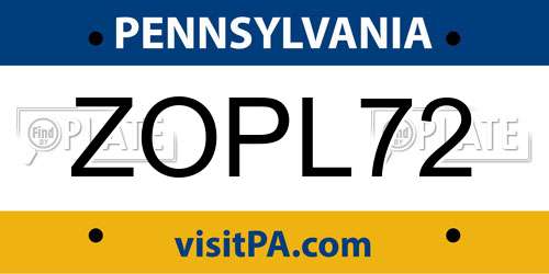 ZOPL72 Pennsylvania License Plate