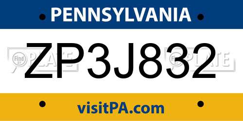 ZP3J832 Pennsylvania License Plate
