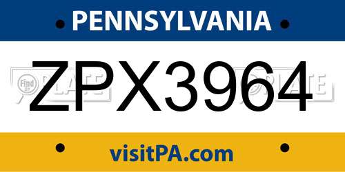 ZPX3964 Pennsylvania License Plate