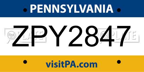 ZPY2847 Pennsylvania License Plate