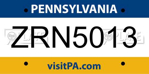 ZRN5013 Pennsylvania License Plate