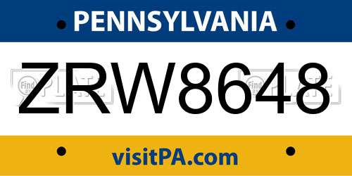 ZRW8648 Pennsylvania License Plate