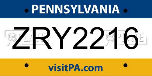 ZRY2216 Pennsylvania License Plate