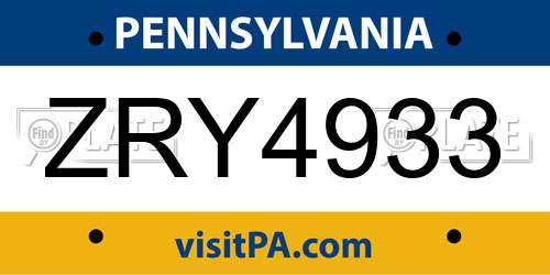 ZRY4933 Pennsylvania License Plate