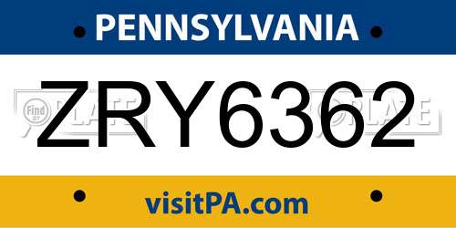 ZRY6362 Pennsylvania License Plate
