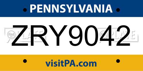 ZRY9042 Pennsylvania License Plate