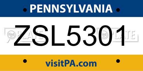 ZSL5301 Pennsylvania License Plate