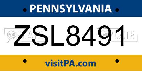 ZSL8491 Pennsylvania License Plate