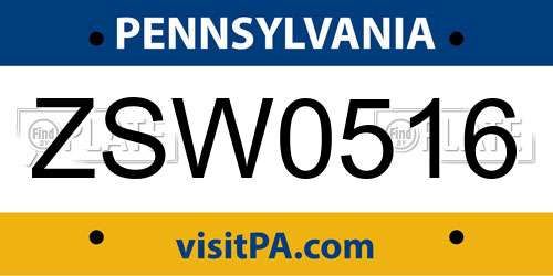 ZSW0516 Pennsylvania License Plate