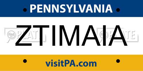 ZTIMAIA Pennsylvania License Plate