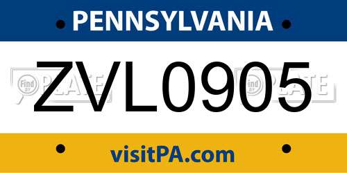 ZVL0905 Pennsylvania License Plate