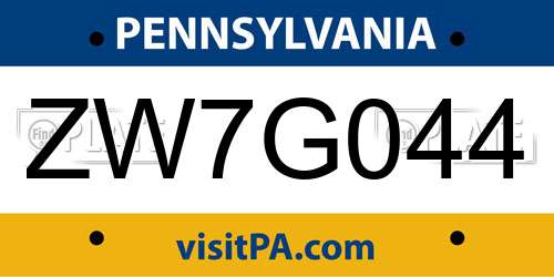 ZW7G044 Pennsylvania License Plate