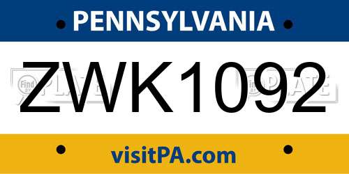 ZWK1092 Pennsylvania License Plate