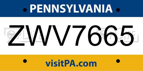 ZWV7665 Pennsylvania License Plate