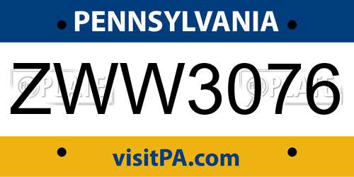 ZWW3076 Pennsylvania License Plate
