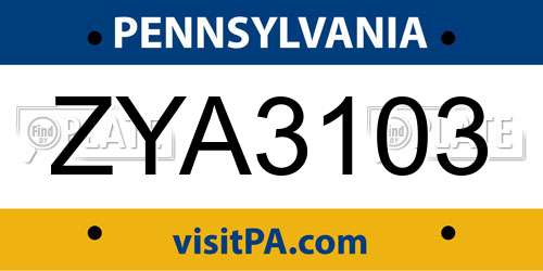 ZYA3103 Pennsylvania License Plate
