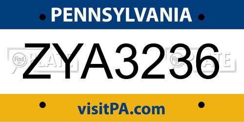 ZYA3236 Pennsylvania License Plate