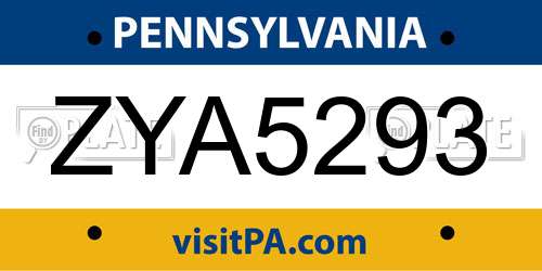 ZYA5293 Pennsylvania License Plate