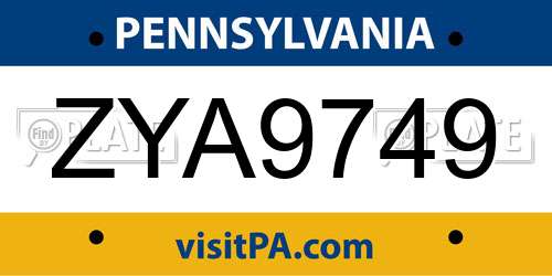 ZYA9749 Pennsylvania License Plate