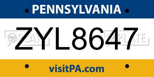 ZYL8647 Pennsylvania License Plate