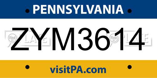 ZYM3614 Pennsylvania License Plate