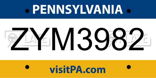 ZYM3982 Pennsylvania License Plate