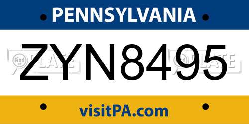ZYN8495 Pennsylvania License Plate