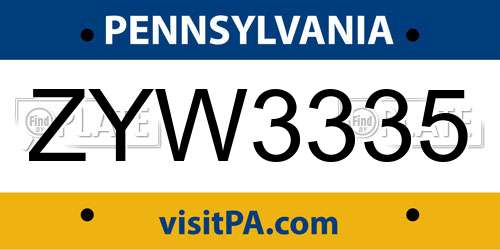 ZYW3335 Pennsylvania License Plate