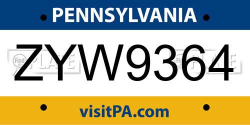 ZYW9364 Pennsylvania License Plate