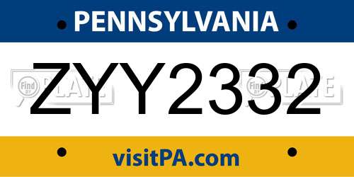 ZYY2332 Pennsylvania License Plate