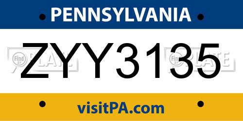ZYY3135 Pennsylvania License Plate
