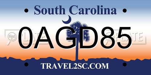 0AGD85 South Carolina License Plate
