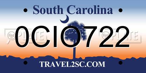 0CIO722 South Carolina License Plate