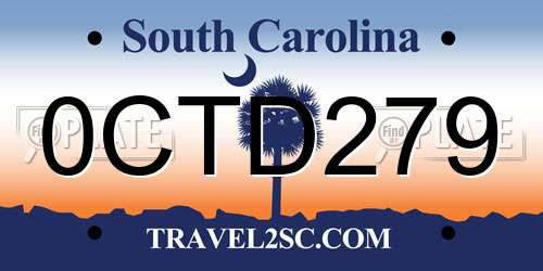 0CTD279 South Carolina License Plate