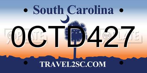 0CTD427 South Carolina License Plate