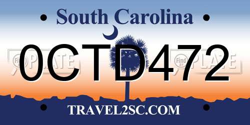 0CTD472 South Carolina License Plate