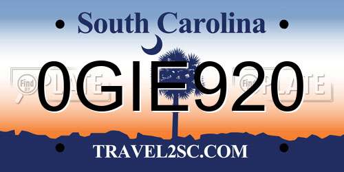 0GIE920 South Carolina License Plate