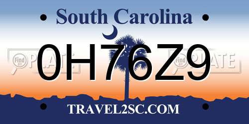 0H76Z9 South Carolina License Plate
