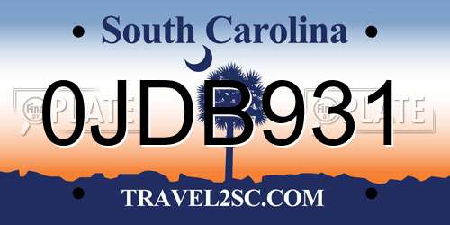 0JDB931 South Carolina License Plate