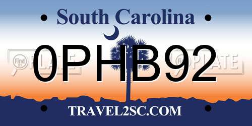 0PHB92 South Carolina License Plate