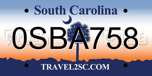 0SBA758 South Carolina License Plate