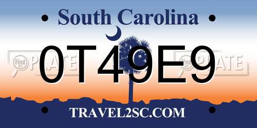 0T49E9 South Carolina License Plate
